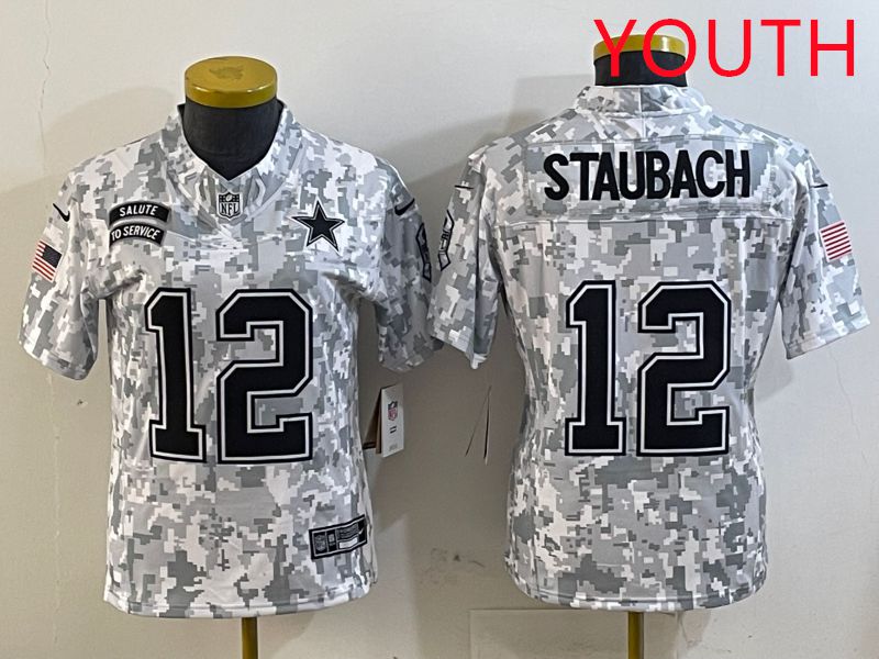 Youth Dallas Cowboys #12 Staubach Camo Nike Olive Salute To Service Limited NFL Jersey style 1->philadelphia eagles->NFL Jersey